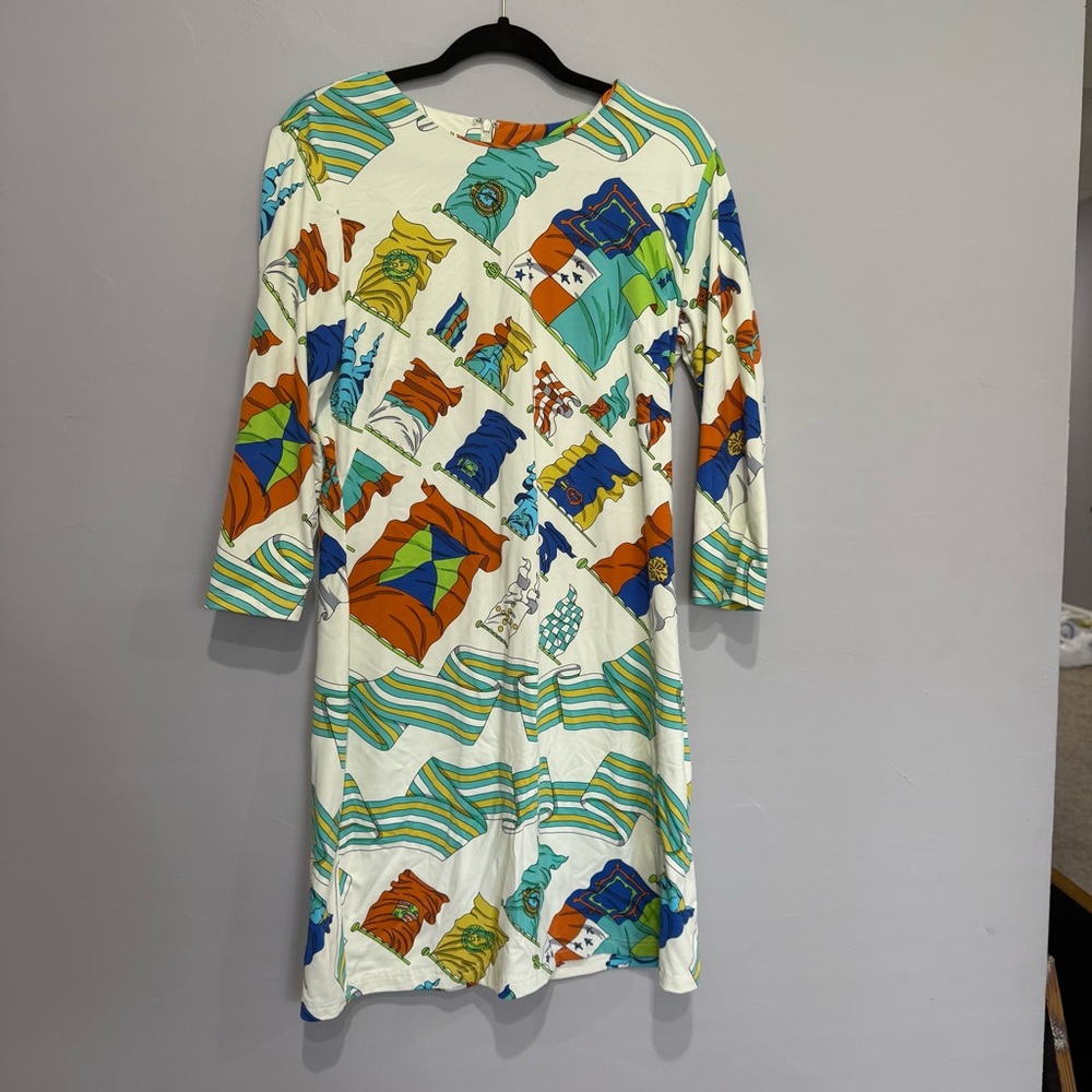 J. McLaughlin Women’s Flag Green and Blue Sheath Dress 3/4 Sleeve Casual